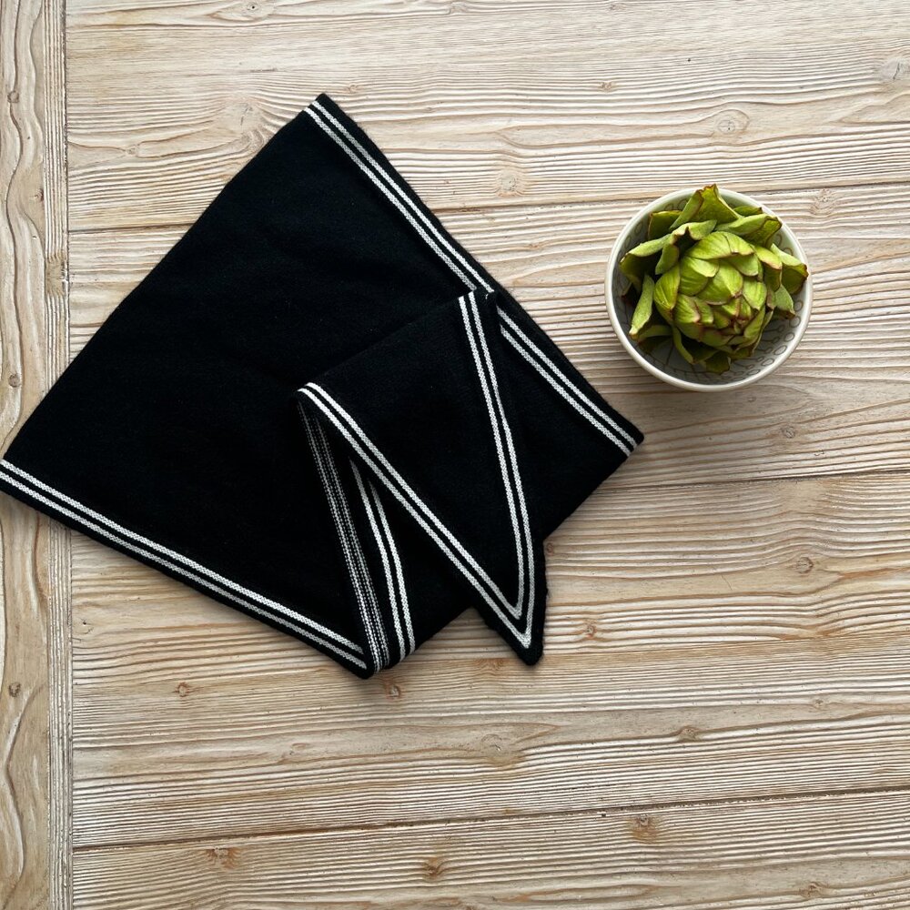Lightweight 100% Cashmere Triangle Scarf |Black with White Trim Spring